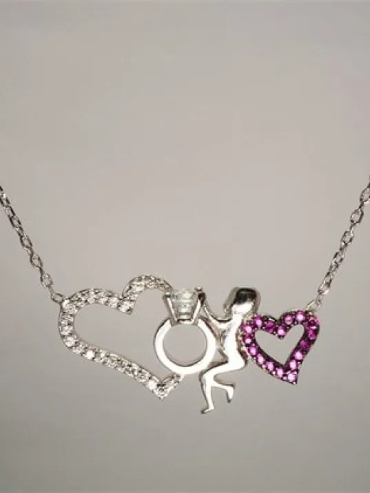 Gümüş Bayan Tektaşlı Kalp Kolye