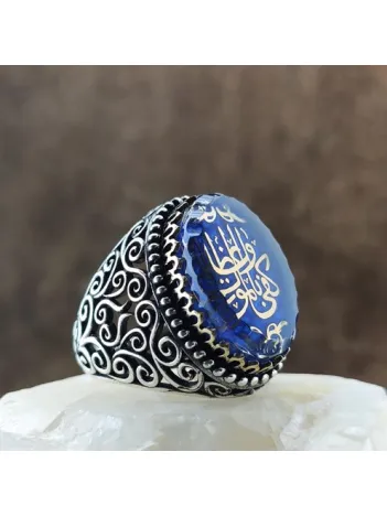 Kişiye Nasihat Olarak Ölüm Yeter Yazılı Mavi Mineli Gümüş Erkek Yüzük  GYZGMSFGUMU