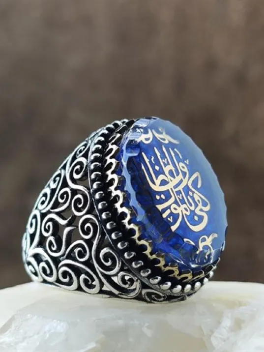 Kişiye Nasihat Olarak Ölüm Yeter Yazılı Mavi Mineli Gümüş Erkek Yüzük  GYZGMSFGUMU