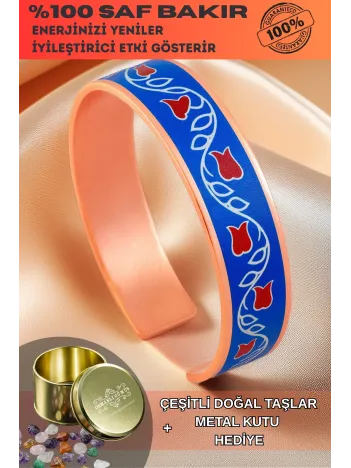 Kadın Bakır Bileklik - Veronica Model Özel Baskı Metal Kutu Ve Doğal Taşlar