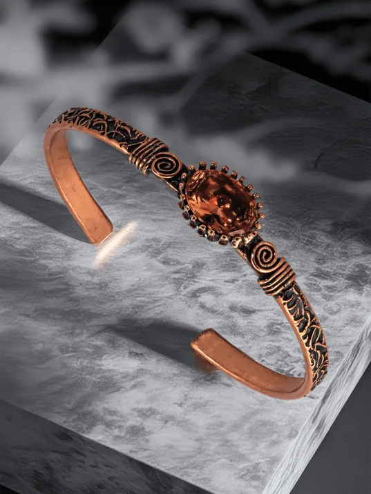 Kadın Bakır Bileklik Yüzük Set - Zultanit Taşı Mekik Ağaç Kabuğu Model İnce Metal Kutu Kuvars Taşlı