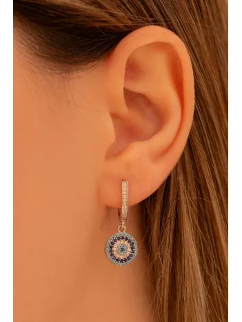 Kadın Gümüş Küpe - Yuvarlak Model Nazar Boncuğu Motifli Kadın Küpe