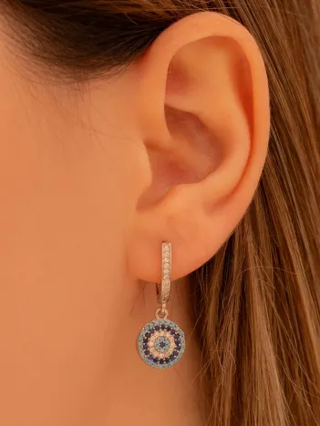 Kadın Gümüş Küpe - Yuvarlak Model Nazar Boncuğu Motifli Kadın Küpe