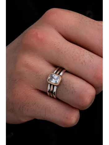 Erkek Gümüş Yüzük - Beyaz Zirkon Taşlı İnce Kibar Erkek Yüzüğü