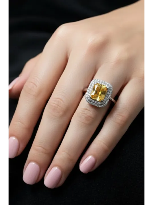 Kadın Gümüş Yüzük - Kare Model Sarı Şampanya Zirkon Taşlı Kadın Gümüş Yüzük