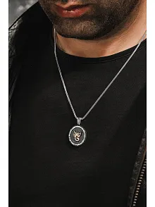 Erkek Gümüş Kolye - Siyah Oval Model Akrep Motifli Erkek Kolye