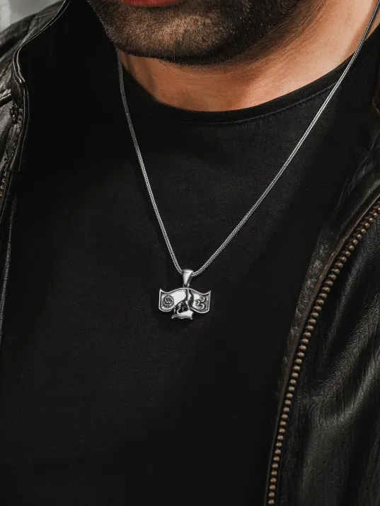 Erkek Gümüş Kolye - Osmanlı Devleti Arması Üç Hilal Bozkurt İşlemeli Tilki Kuyruğu Zincir Erkek Gümüş Kolye