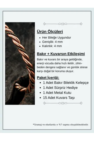 Saf Bakır Bileklik Burgulu Model Metal Kutu Doğal Taşlar Kadın Erkek Kelepçe