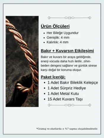 Saf Bakır Bileklik Burgulu Model Metal Kutu Doğal Taşlar Kadın Erkek Kelepçe