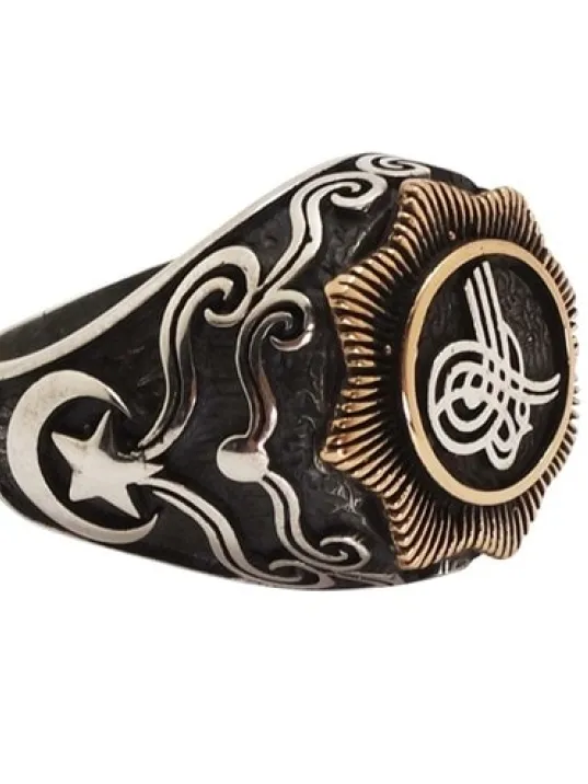 Tuğralı Ay Yıldız İşlemeli Gümüş Erkek Yüzük