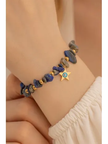 Doğal Taşlı Kadın Bileklik - Doğal Lapis Taşlı Kadın Çelik Kadın Bileklik Yıldız Ve Nazarlık