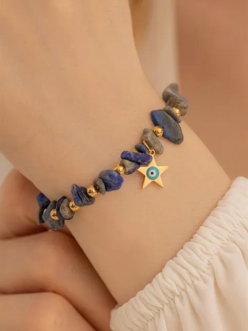 Doğal Taşlı Kadın Bileklik - Doğal Lapis Taşlı Kadın Çelik Kadın Bileklik Yıldız Ve Nazarlık
