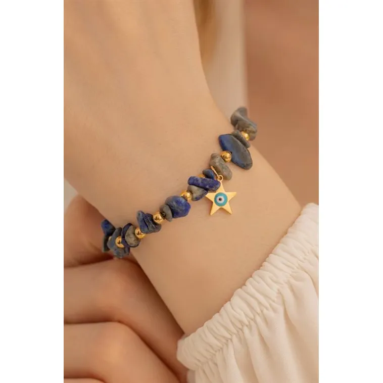 Doğal Taşlı Kadın Bileklik - Doğal Lapis Taşlı Kadın Çelik Kadın Bileklik Yıldız Ve Nazarlık Doğal Taşlı Kadın Bileklik - Doğal Lapis Taşlı Kadın Çelik Kadın Bileklik Yıldız Ve Nazarlık