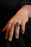 Anadolu Desenli Blue Topaz Aqua Marin Taşlı Yanı İşlemeli Erkek Gümüş Yüzük