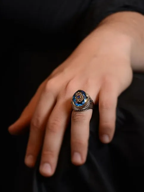 Anadolu Desenli Blue Topaz Aqua Marin Taşlı Yanı İşlemeli Erkek Gümüş Yüzük