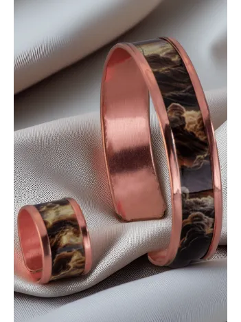 Kadın Bakır Bileklik Yüzük Set - Mia Model Özel Baskı Metal Kutu Ve Kuvars Taşı