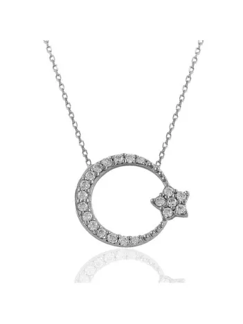 Ay Yıldız Türk Bayrağı Zirkon Taşlı Rose Bayan Gümüş Kolye