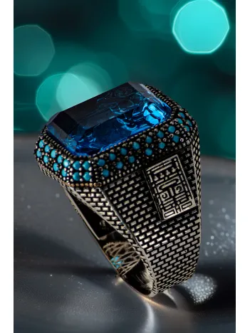 Erkek Mavi Taşlı Yanı Turkuaz Taş Süslemeli 925 Ayar Gümüş Yüzük