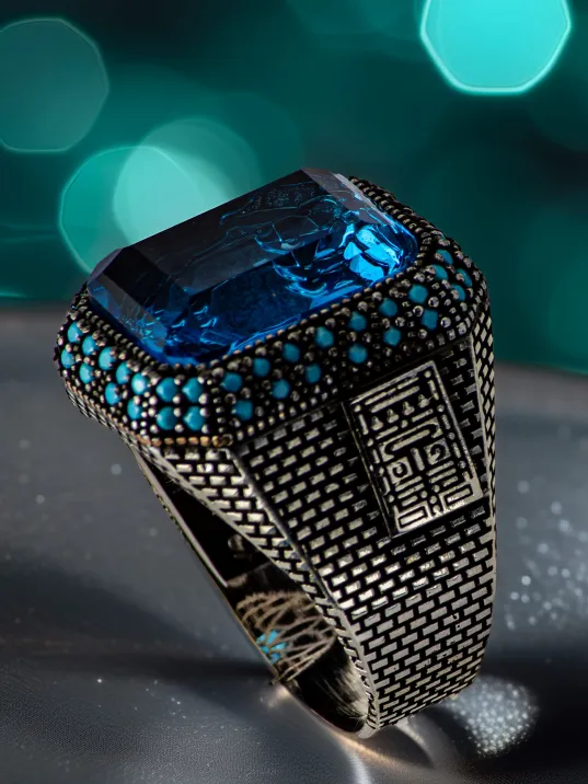 Erkek Mavi Taşlı Yanı Turkuaz Taş Süslemeli 925 Ayar Gümüş Yüzük