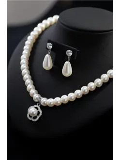 Kadın İnci Kolye Küpe Set - Helena Model Çiçek Motifli Kadın İnci Set