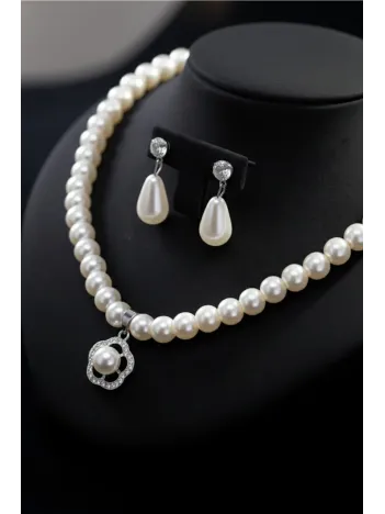 Kadın İnci Kolye Küpe Set - Helena Model Çiçek Motifli Kadın İnci Set