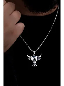 Erkek Gümüş Kolye - Chicago Bulls - Boğa Kafası Figürlü Erkek Kolye