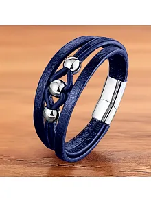Erkek Deri Bileklik - Çoklu Retro Paslanmaz Çelik Top Ve Lacivert Deri Bileklik