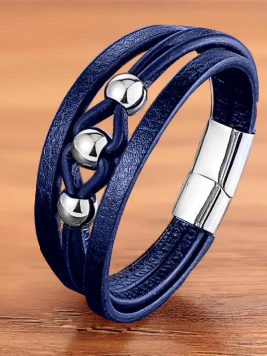 Erkek Deri Bileklik - Çoklu Retro Paslanmaz Çelik Top Ve Lacivert Deri Bileklik
