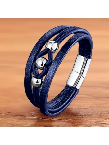 Erkek Deri Bileklik - Çoklu Retro Paslanmaz Çelik Top Ve Lacivert Deri Bileklik