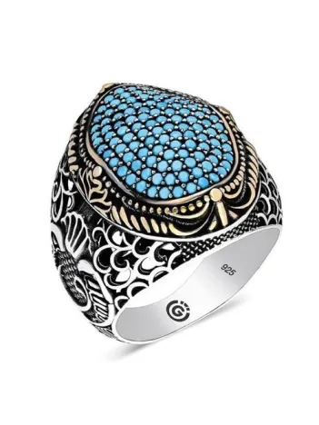 Faraba Turkuaz Zirkon Taşlı Yanı Vav Özel Seri Erkek Gümüş Yüzük