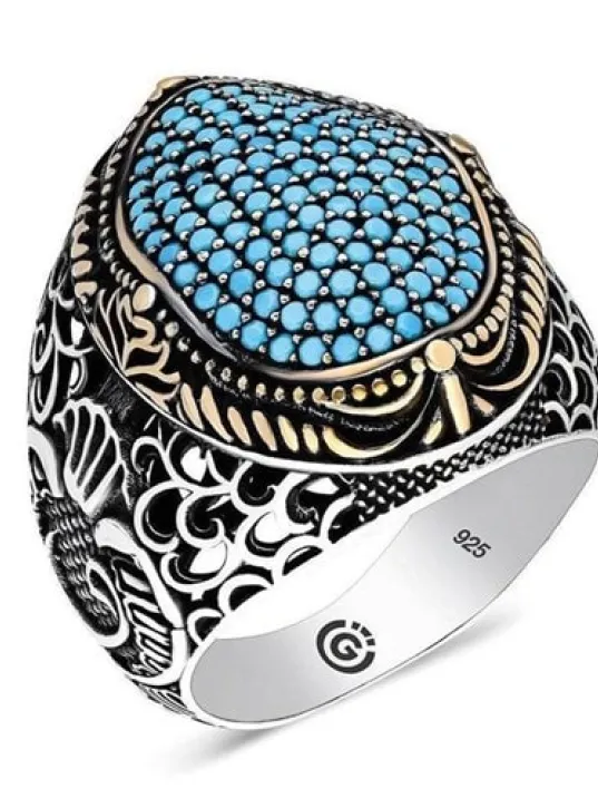 Faraba Turkuaz Zirkon Taşlı Yanı Vav Özel Seri Erkek Gümüş Yüzük