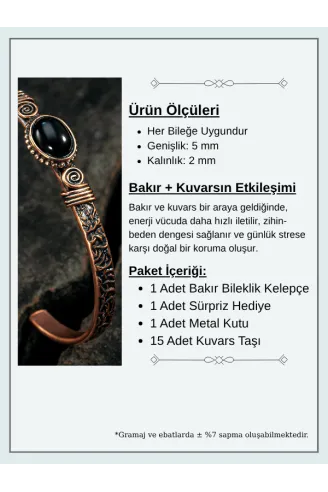 Bakır Kelepçe Bilezik Oniks Doğal Taş Erkek Kadın Doğal Taşlı ve Metal Kutulu