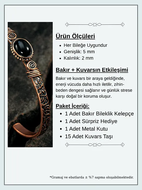 Bakır Kelepçe Bilezik Oniks Doğal Taş Erkek Kadın Doğal Taşlı ve Metal Kutulu