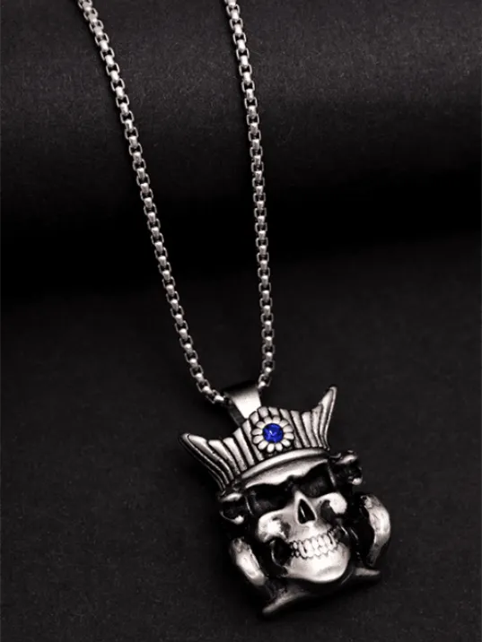 Erkek Kolye - Iskelet Korsan Figürlü Zirkon Taşlı Erkek Çelik Kolye - 316 L Paslanmaz Çelik