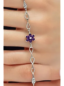 Kadın Gümüş Bileklik - Mor Doğal Safir Taşlı Nergis Model Damla Motifli Gümüş Bileklik