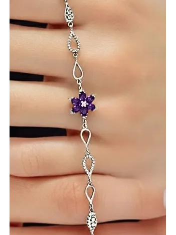 Kadın Gümüş Bileklik - Mor Doğal Safir Taşlı Nergis Model Damla Motifli Gümüş Bileklik