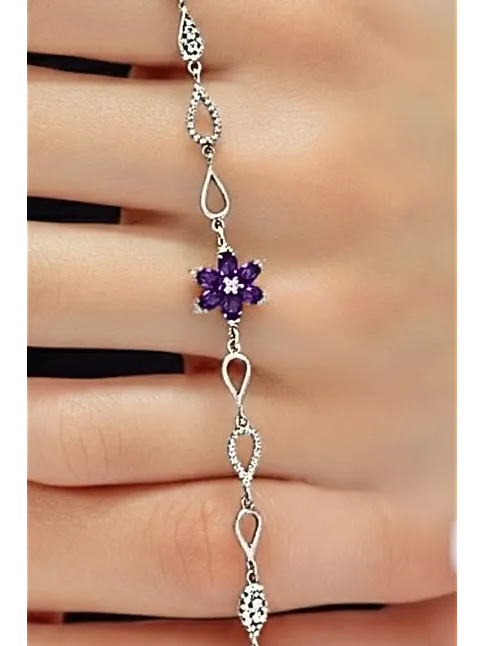 Kadın Gümüş Bileklik - Mor Doğal Safir Taşlı Nergis Model Damla Motifli Gümüş Bileklik