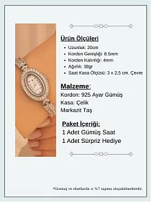 Kadın Gümüş Saat - Gelin Saati - Zirkon Taşlı Yaprak Desen Kordon 925 Ayar Gümüş Kadın Saat
