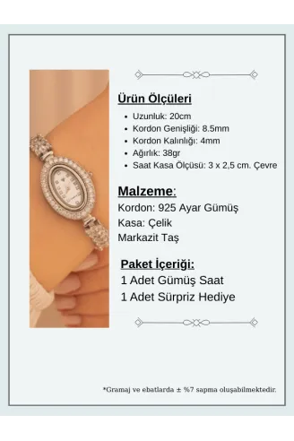 Kadın Gümüş Saat - Gelin Saati - Zirkon Taşlı Yaprak Desen Kordon 925 Ayar Gümüş Kadın Saat