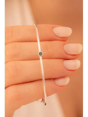 Kadın Gümüş Bileklik - Kadın Kelepçe - El Yapımı Gümüş Zümrüt Taşlı Zarif Kadın Bileklik