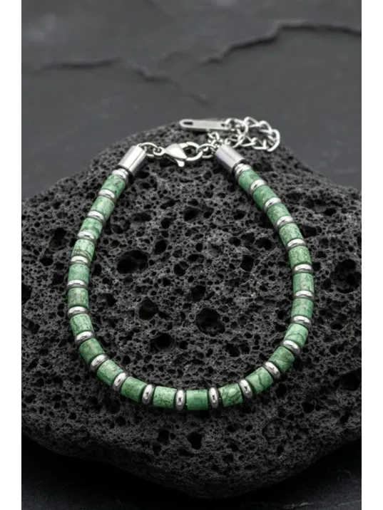 Erkek Çelik Bileklik - Su Yeşili Boncuk Çelik Bileklik