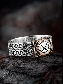 Erkek Gümüş Yüzük -Zirkon Taşlı Çift Zülfikar Kılıcı İşlemeli Sarmal Model Erkek Yüzük
