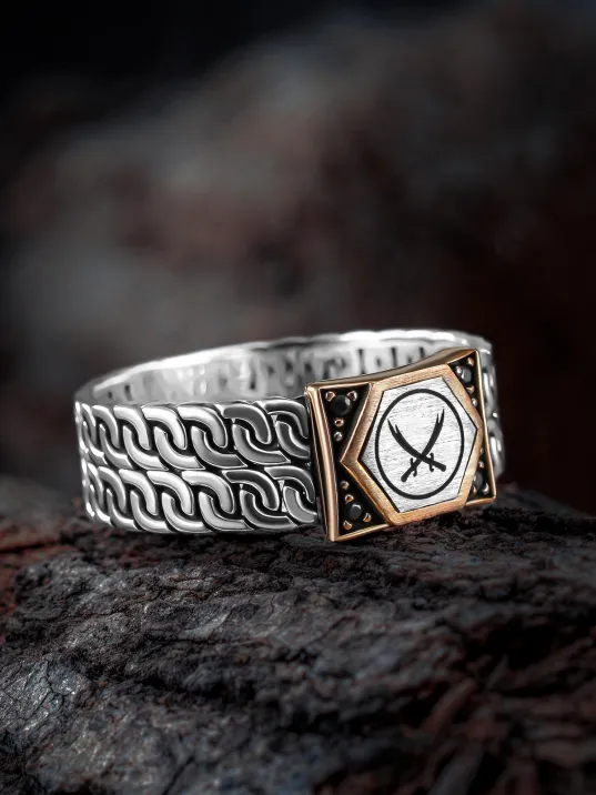 Erkek Gümüş Yüzük -Zirkon Taşlı Çift Zülfikar Kılıcı İşlemeli Sarmal Model Erkek Yüzük