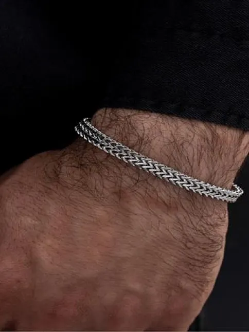 Erkek Bileklik - Çift Sıra Örgü Model Erkek Çelik Bileklik