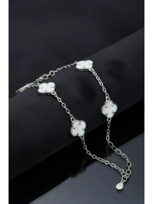 Kadın 925 Ayar Gümüş Beyaz Sedef Taşlı Yonca Model Zincir Bileklik
