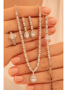 Kadın Gümüş Takı Seti - Aylin Damla Model Zirkon Taşlı Kolye, Bileklik, Yüzük, Küpe Tam Set