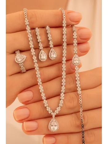 Kadın Gümüş Takı Seti - Aylin Damla Model Zirkon Taşlı Kolye, Bileklik, Yüzük, Küpe Tam Set