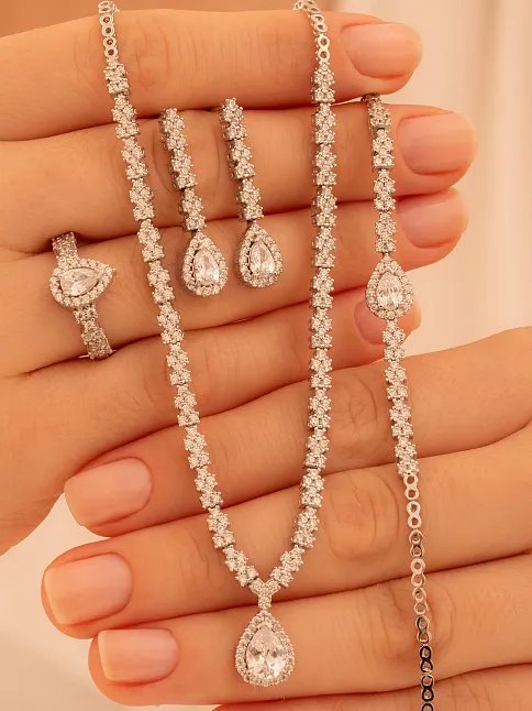 Kadın Gümüş Takı Seti - Aylin Damla Model Zirkon Taşlı Kolye, Bileklik, Yüzük, Küpe Tam Set