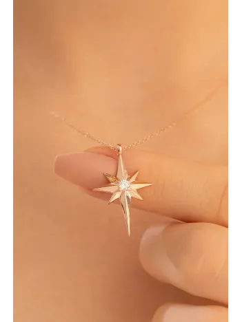 Kadın Gümüş Kolye - Zirkon Taşlı Kutup Yıldızı Motifli Gümüş Kolye