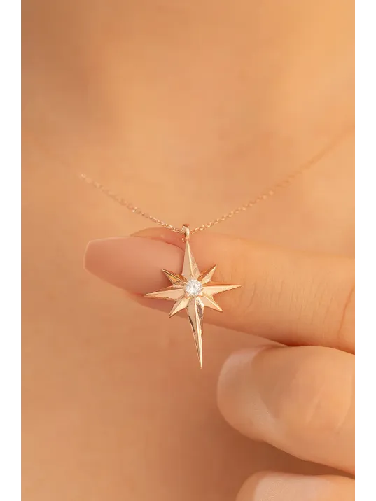 Kadın Gümüş Kolye - Zirkon Taşlı Kutup Yıldızı Motifli Gümüş Kolye
